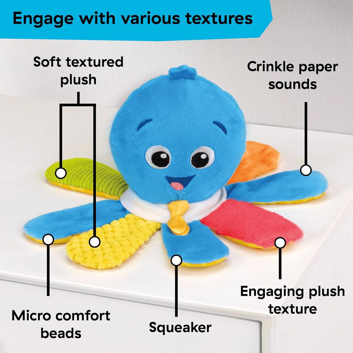 Baby Einstein Opus Soother clipped onto stroller bar for on the go travel