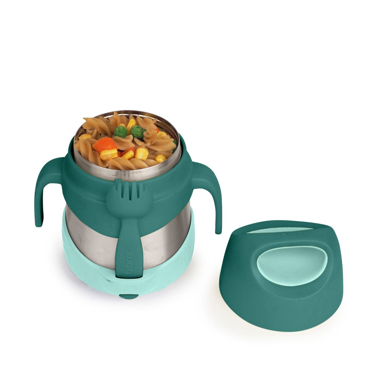 Close-up of the B.Box food jar with matching spork and removable bumper