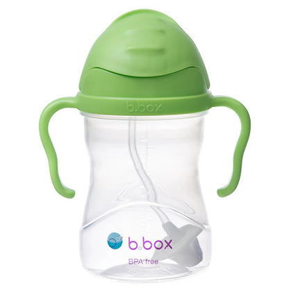 Close-up view of open flip-top lid and silicone straw on B.Box sippy cup
