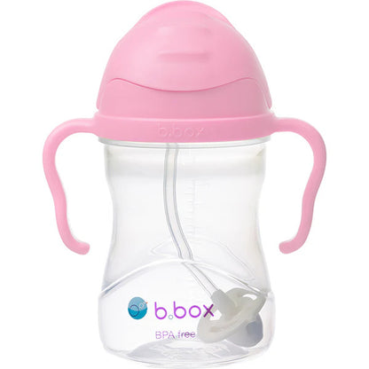 B.Box sippy cup shown tilted proving 360 degree weighted straw functionality