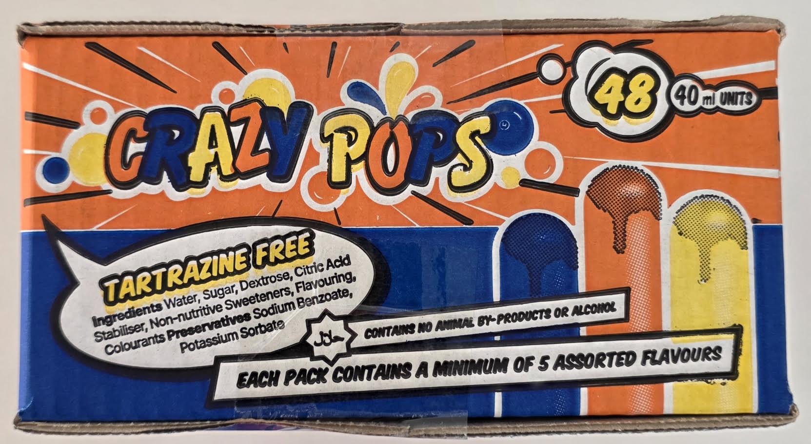 Detailed nutritional facts label and ingredients list on the Crazy Pops 48 box