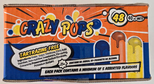 Detailed nutritional facts label and ingredients list on the Crazy Pops 48 box