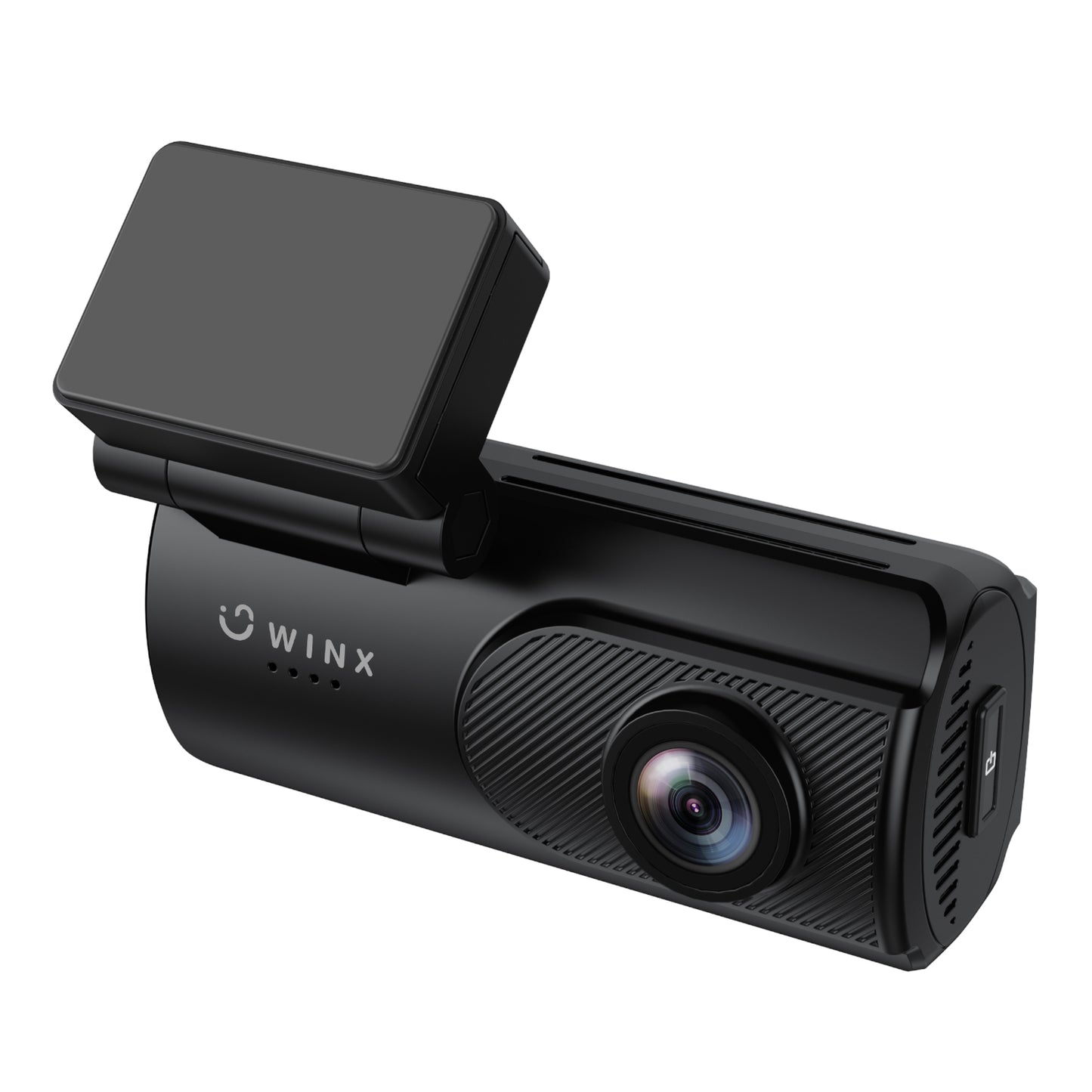 The WINX TRACK Essential dash cam discreetly mounted to a vehicle windshield