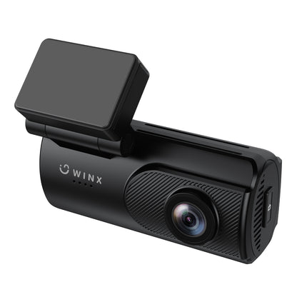 The WINX TRACK Essential dash cam discreetly mounted to a vehicle windshield