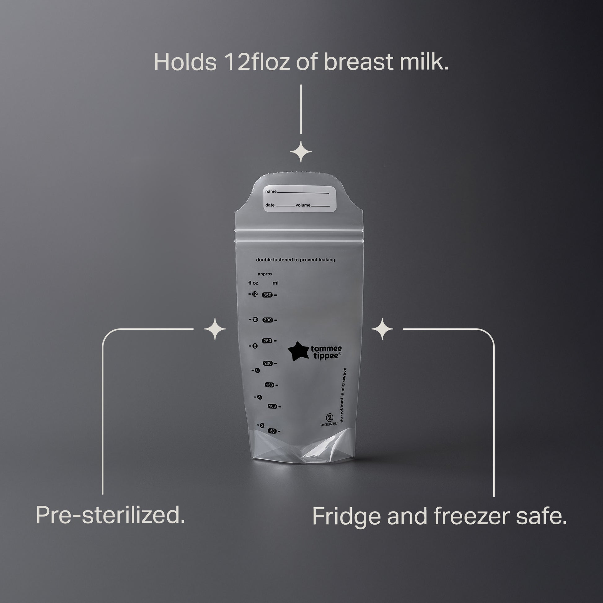 Close-up of the double-fastened leak-proof seal on a Tommee Tippee bag
