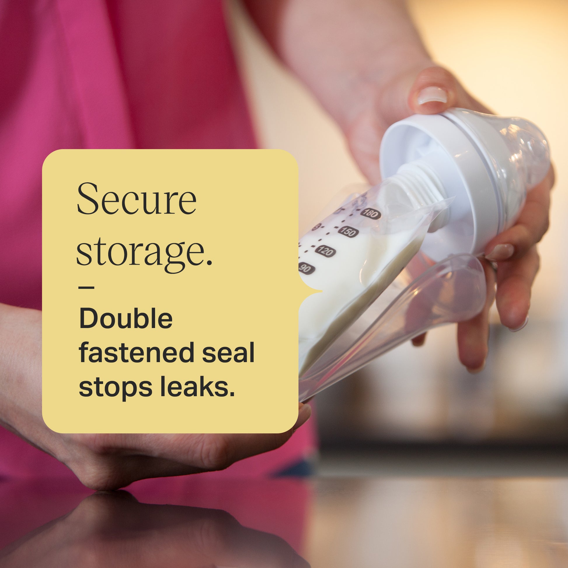 Close-up of the double-fastened leak-proof seal on a Tommee Tippee bag