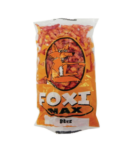 Foxi Nax Beef Maize Chips wholesale box of 40 showing forty seventy-five gram bags neatly stacked