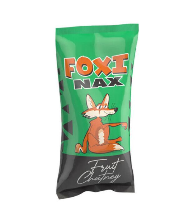 Foxi Nax Fruit Chutney Maize Chips wholesale box of 40 showing forty seventy-five gram bags neatly stacked