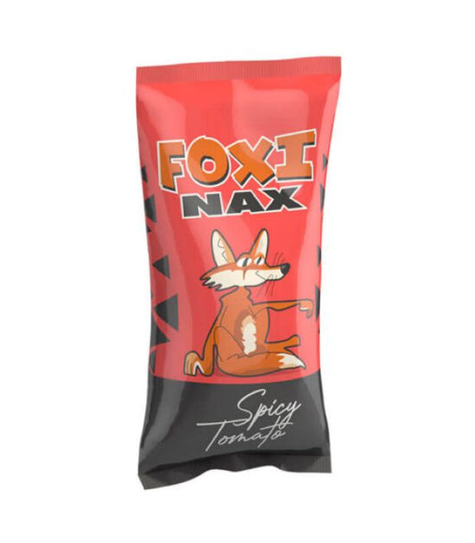 Foxi Nax Spicy Tomato Maize Chips wholesale box of 40 showing forty seventy-five gram bags neatly stacked