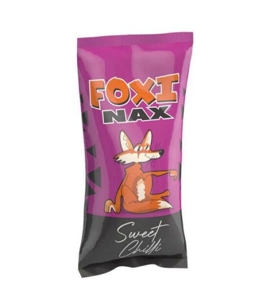 Foxi Nax Sweet Chilli Maize Chips wholesale box of 40 showing forty seventy-five gram bags neatly stacked