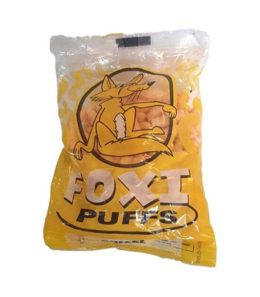 Foxi Puffs Cheese Chips master pack of 20 showing multiple fifty gram packets neatly arranged