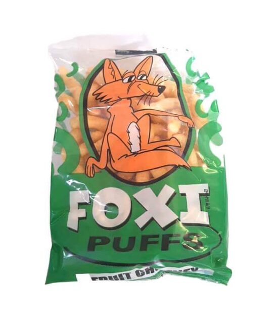 Foxi Puffs Fruit Chutney Chips master pack of 20 showing multiple fifty gram packets neatly arranged