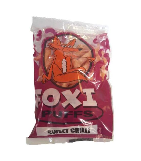 Foxi Puffs Sweet Chilli Chips master pack of 20 showing multiple fifty gram packets neatly arranged