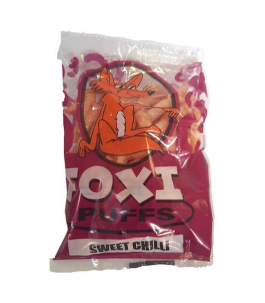 Foxi Puffs Sweet Chilli Chips master pack of 20 showing multiple fifty gram packets neatly arranged