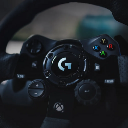 Close-up of the hand-stitched leather steering wheel on the Logitech G G923