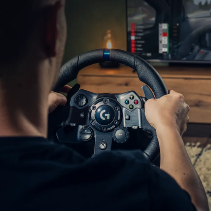 Logitech G G923 racing wheel being used with an Xbox Series X console