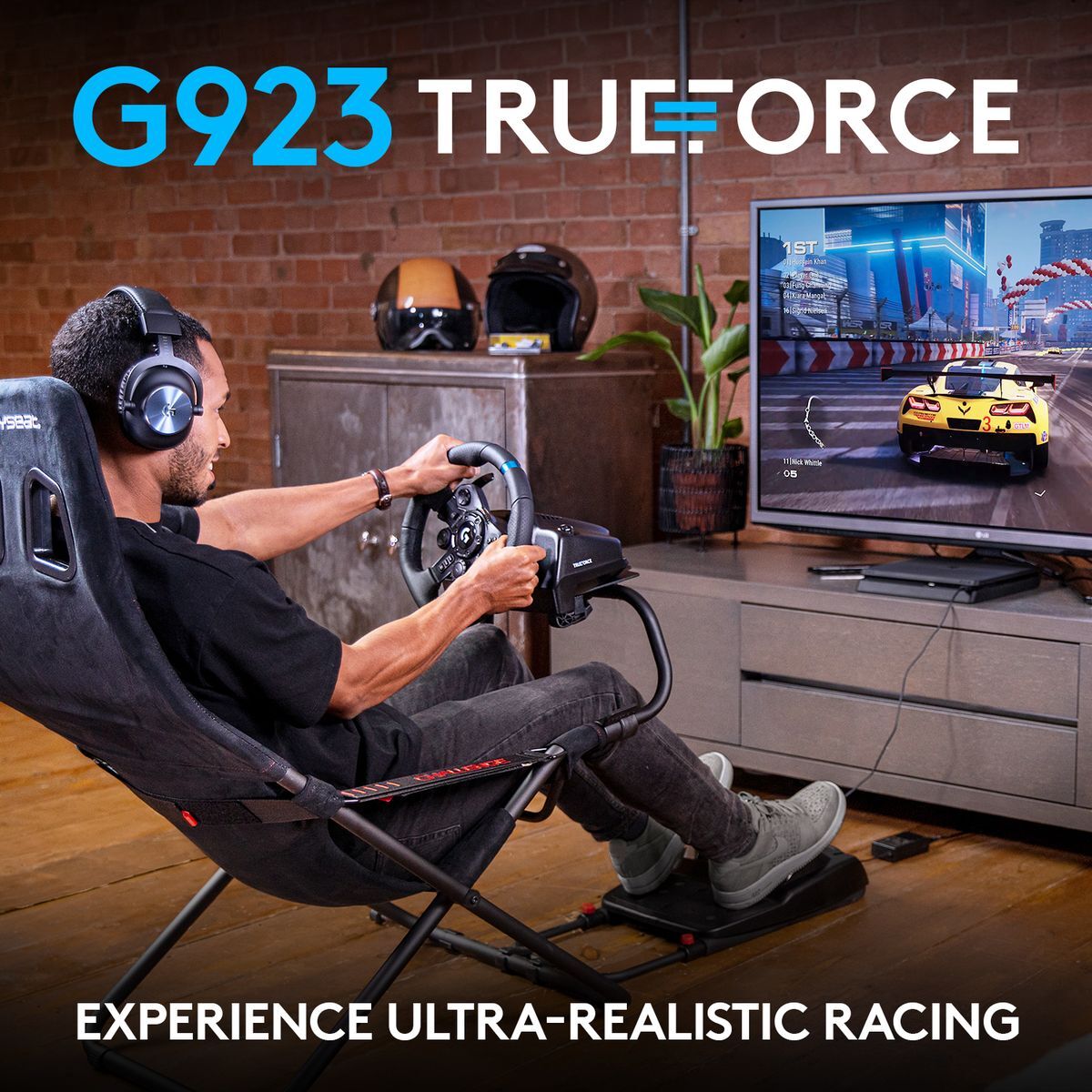 Logitech G G923 racing wheel being used with an Xbox Series X console