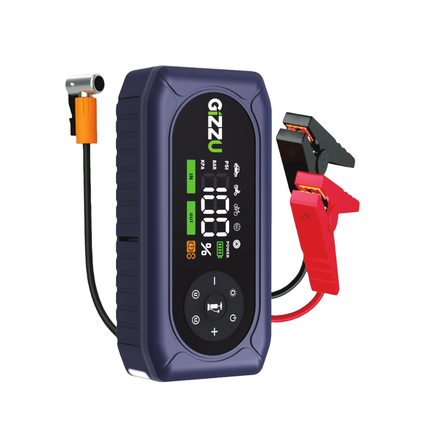 Gizzu 4 in 1 Jump Starter and Air Compressor in high visibility green and black on white background