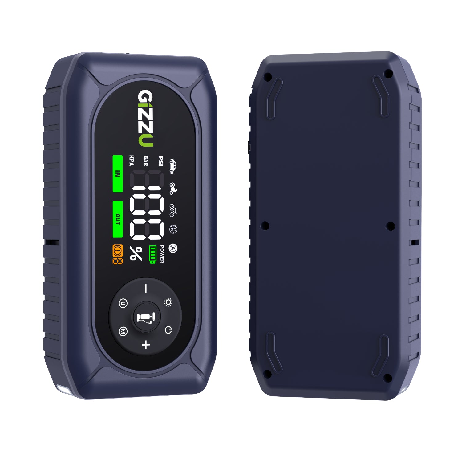 The Gizzu 10000mAh jump starter unit connected to a dead car engine battery using the smart sparkless smart cables