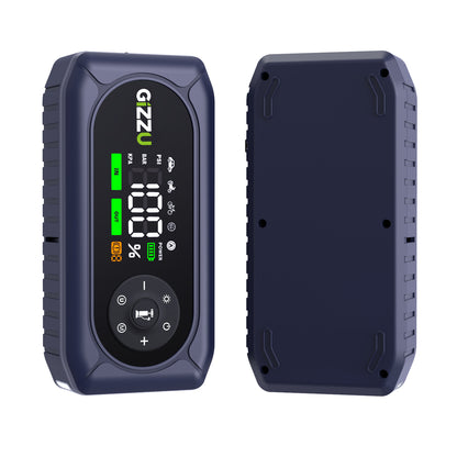 The Gizzu 10000mAh jump starter unit connected to a dead car engine battery using the smart sparkless smart cables