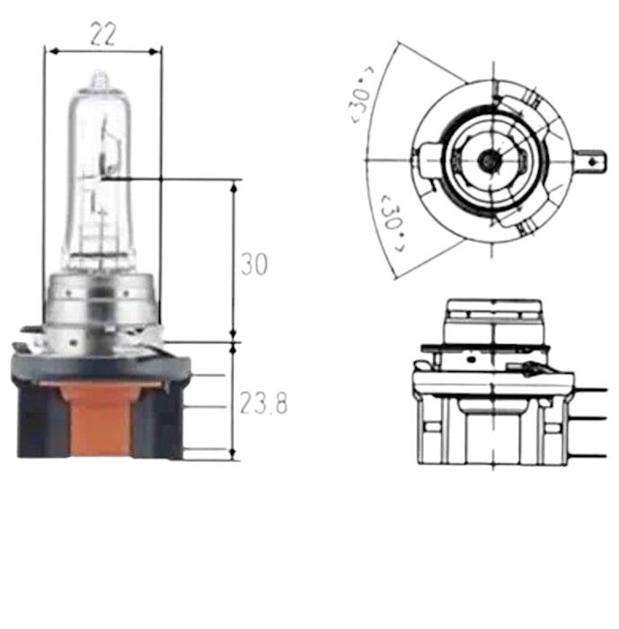 Close-up detail of 3-pin base connection on H15 12V halogen globe