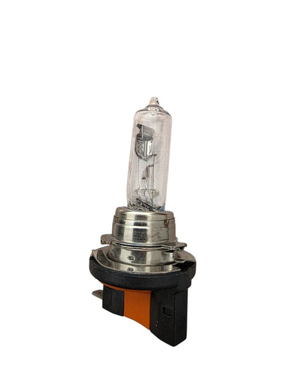 Detail view of dual tungsten filaments inside H15 quartz glass headlight bulb