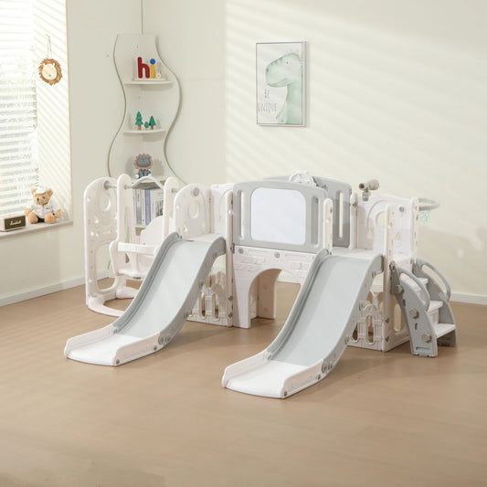 Close-up view of the dual plastic twin slides showing safe exit zones for toddlers