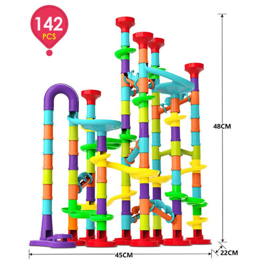 Children building a tall 3D tower with the Kids-Up marble run set