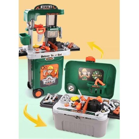 The Kids-Up tool set fully assembled into a standing mini workshop bench with toy tools displayed