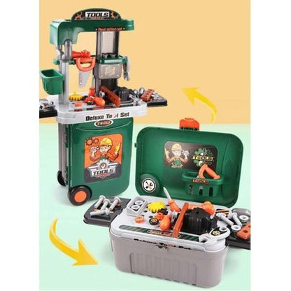 The Kids-Up tool set fully assembled into a standing mini workshop bench with toy tools displayed