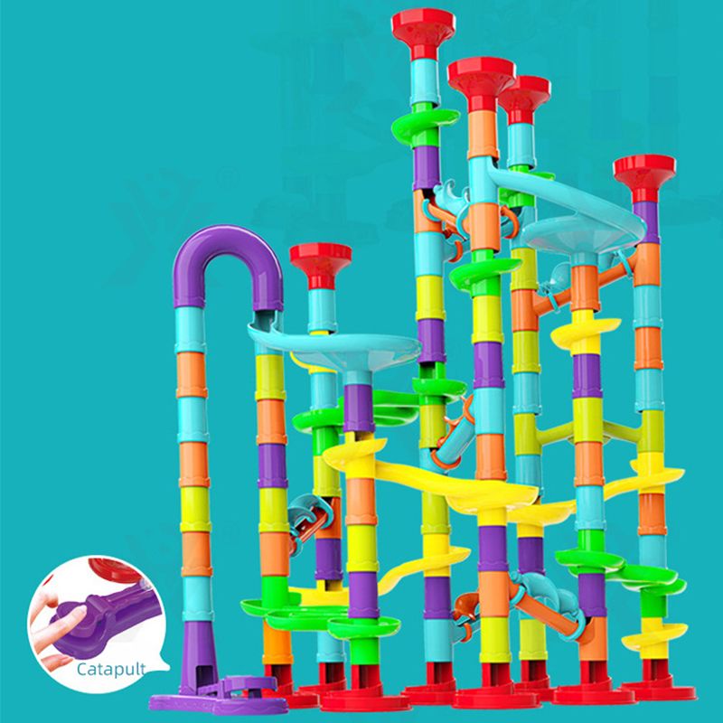 All 142 components of the Kids-Up 3D marble run kit including marbles