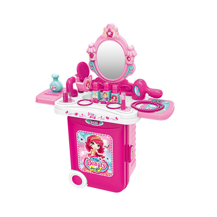 Kids-Up 3-in-1 Travel Suitcase Makeup Set closed up as a pink rolling suitcase with wheels