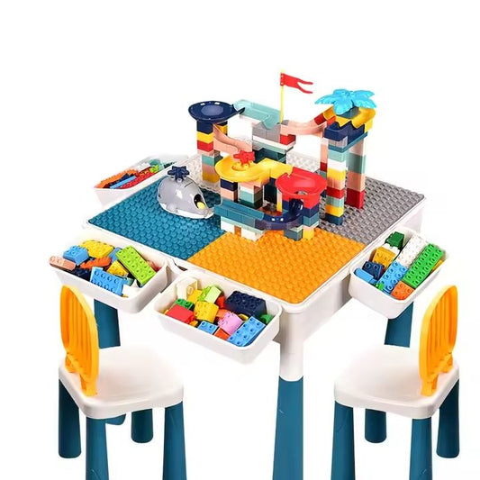 Kids-Up 350 piece building block table set with 2 chairs front view