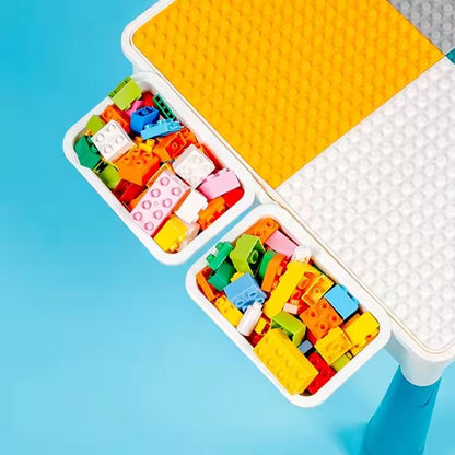 Close-up view of the building block baseplate grid on the Kids-Up activity table