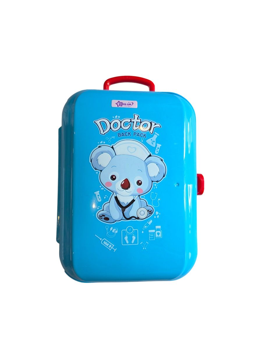 Close-up of pretend stethoscope and medical tools in the Kids-Up set