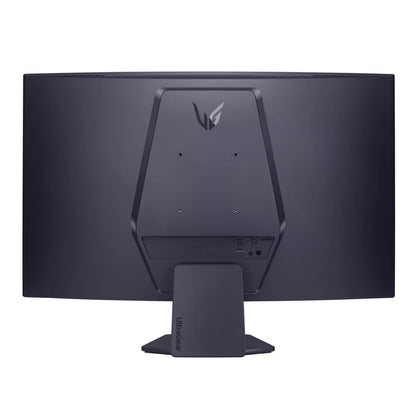 Angled view of LG UltraGear 32 inch curved gaming monitor displaying high refresh rate game