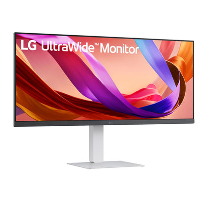 LG 34 inch 21 to 9 UltraWide white monitor displaying multiple windows on a desk