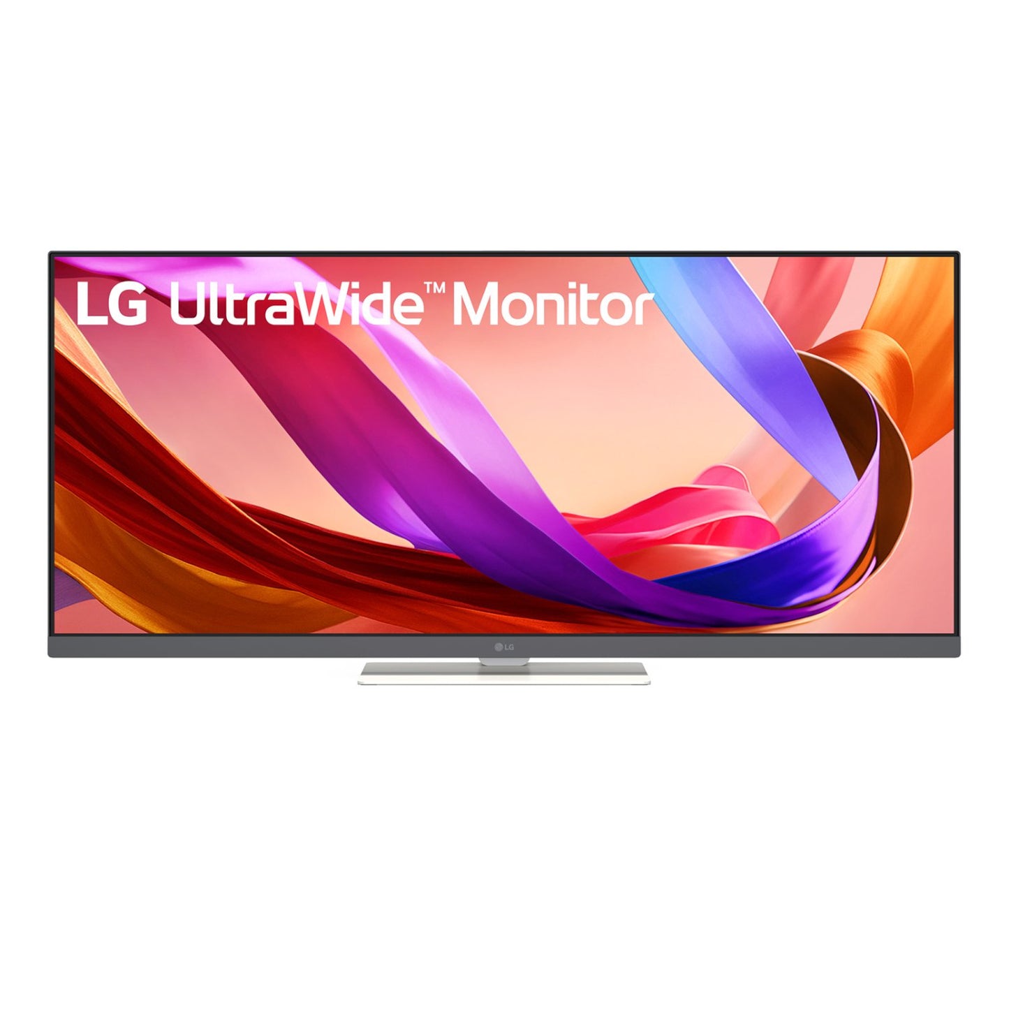 Rear view of LG 34 inch white monitor showing height adjustable stand and cable routing