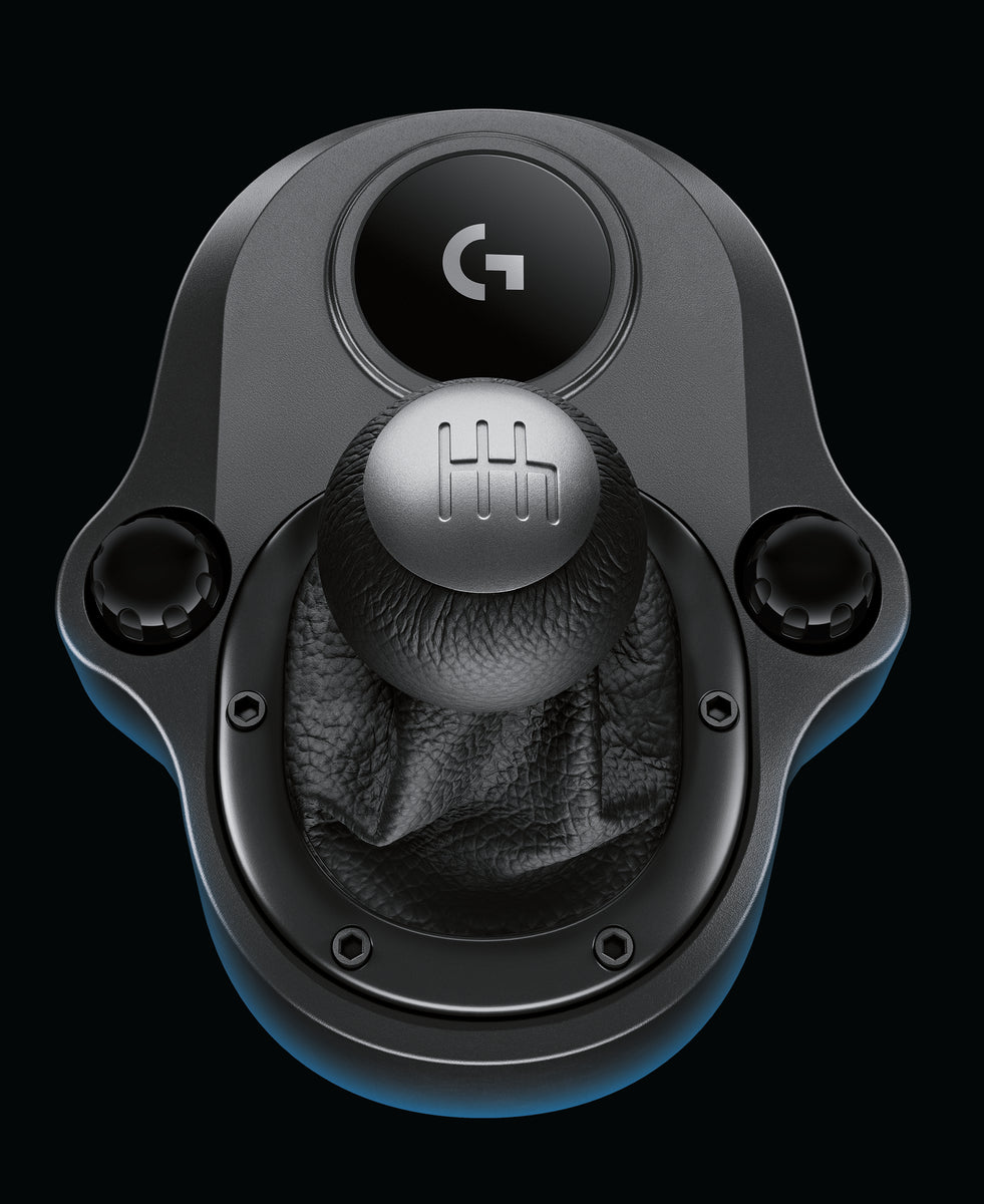 Close-up of hand-stitched leather knob and boot on Logitech Driving Force Shifter