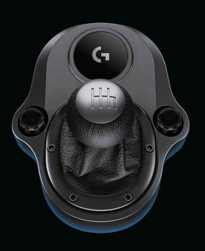 Close-up of hand-stitched leather knob and boot on Logitech Driving Force Shifter