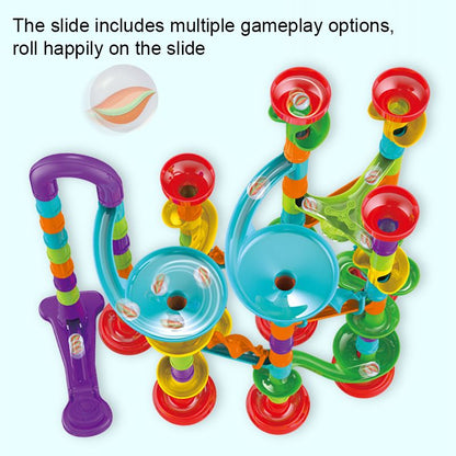 Close-up of the winding ramps and gravity-fed tubes in the Kids-Up set