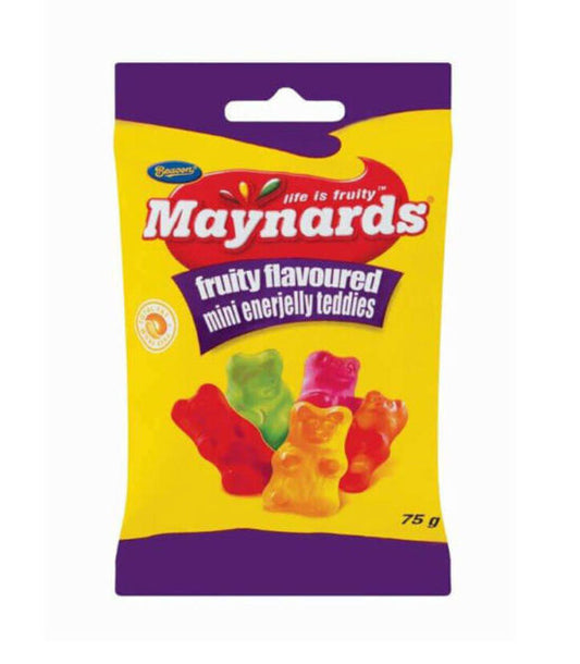 Packaging of Maynards Enerjelly Teddies featuring a 60g bag with assorted fruity flavored teddy-shaped jellies.