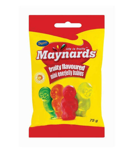 Packaging of Maynards Jelly Babies featuring three jelly-filled figures in assorted fruity flavors, with a net weight of 60g.