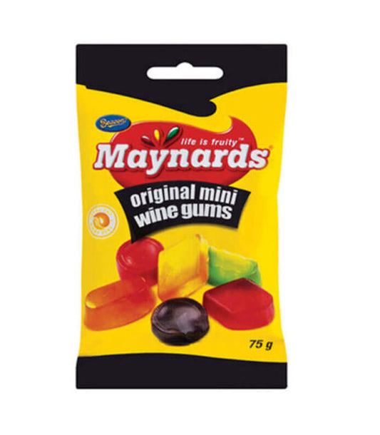 A package of Maynards Original Mini Wine Gums, showing the product name and an image of the gummy candies on the front.