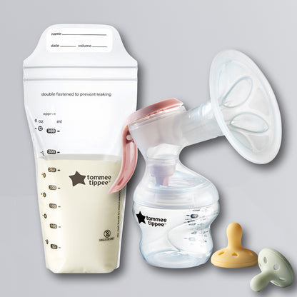 Tommee Tippee pre-sterilised milk storage bags showing date labels