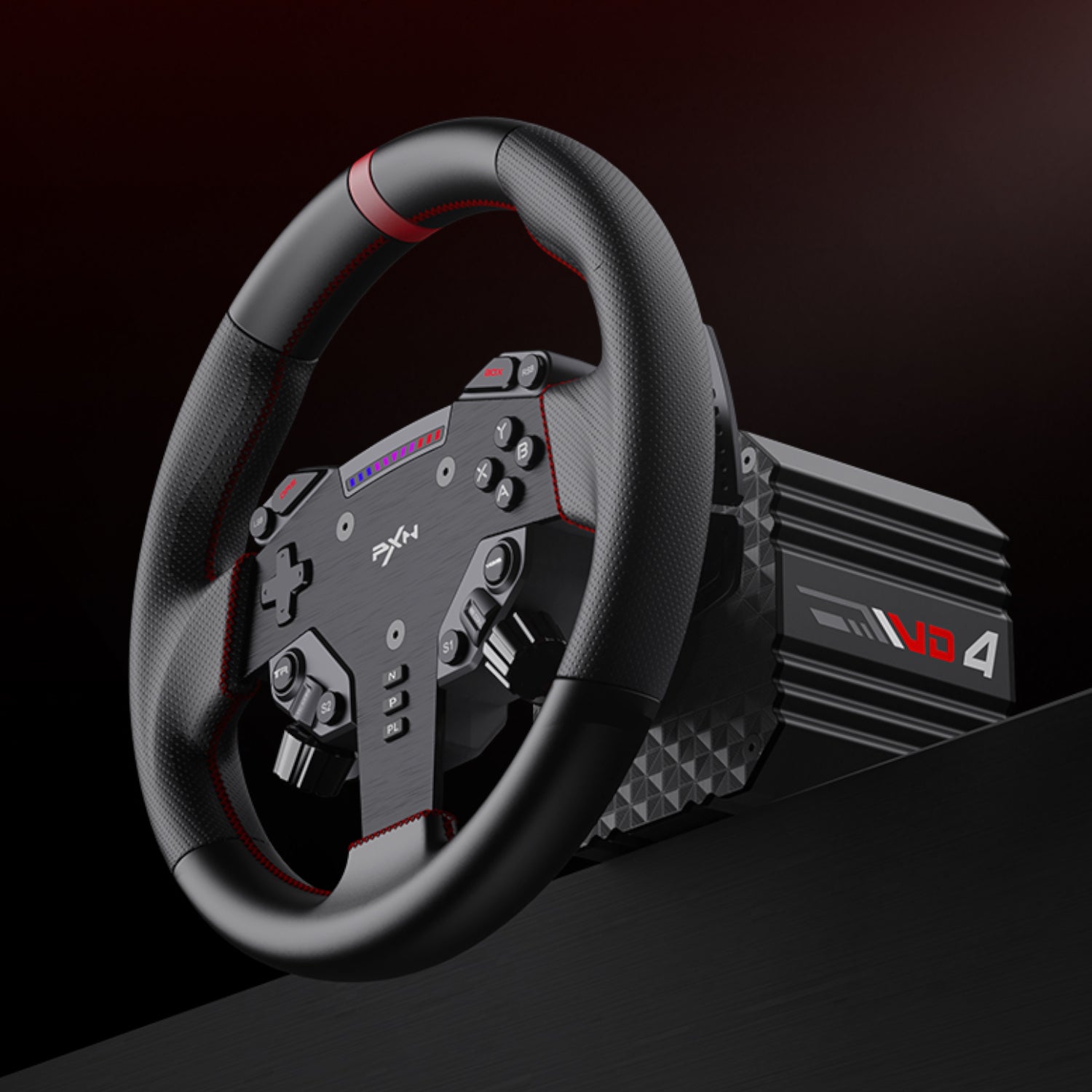 The complete PXN VD4 direct drive wheel and pedal bundle installed onto an e-sports simulator racing rig