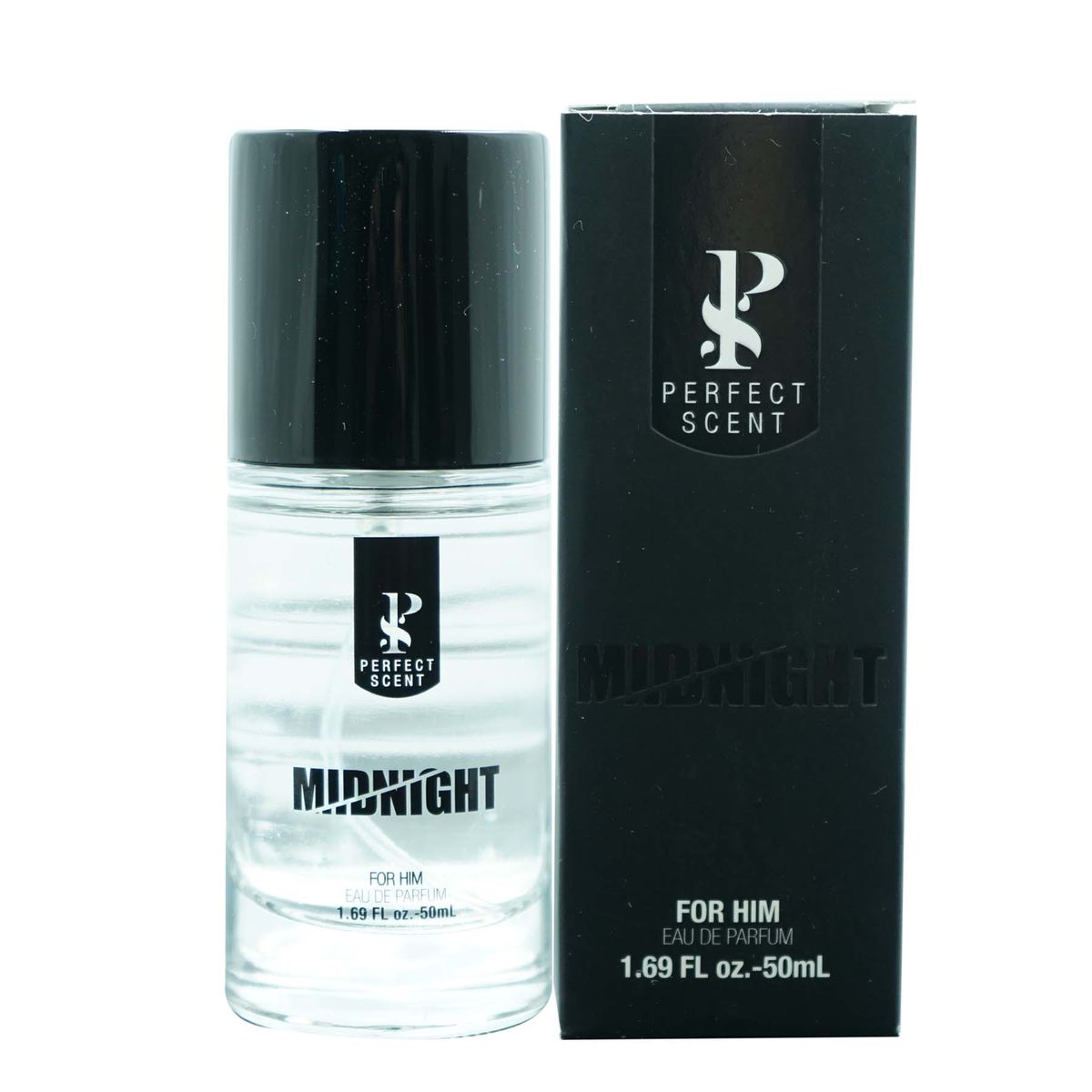 Side 45 degree angle view of Perfect Scent Midnight 50ml men cologne bottle