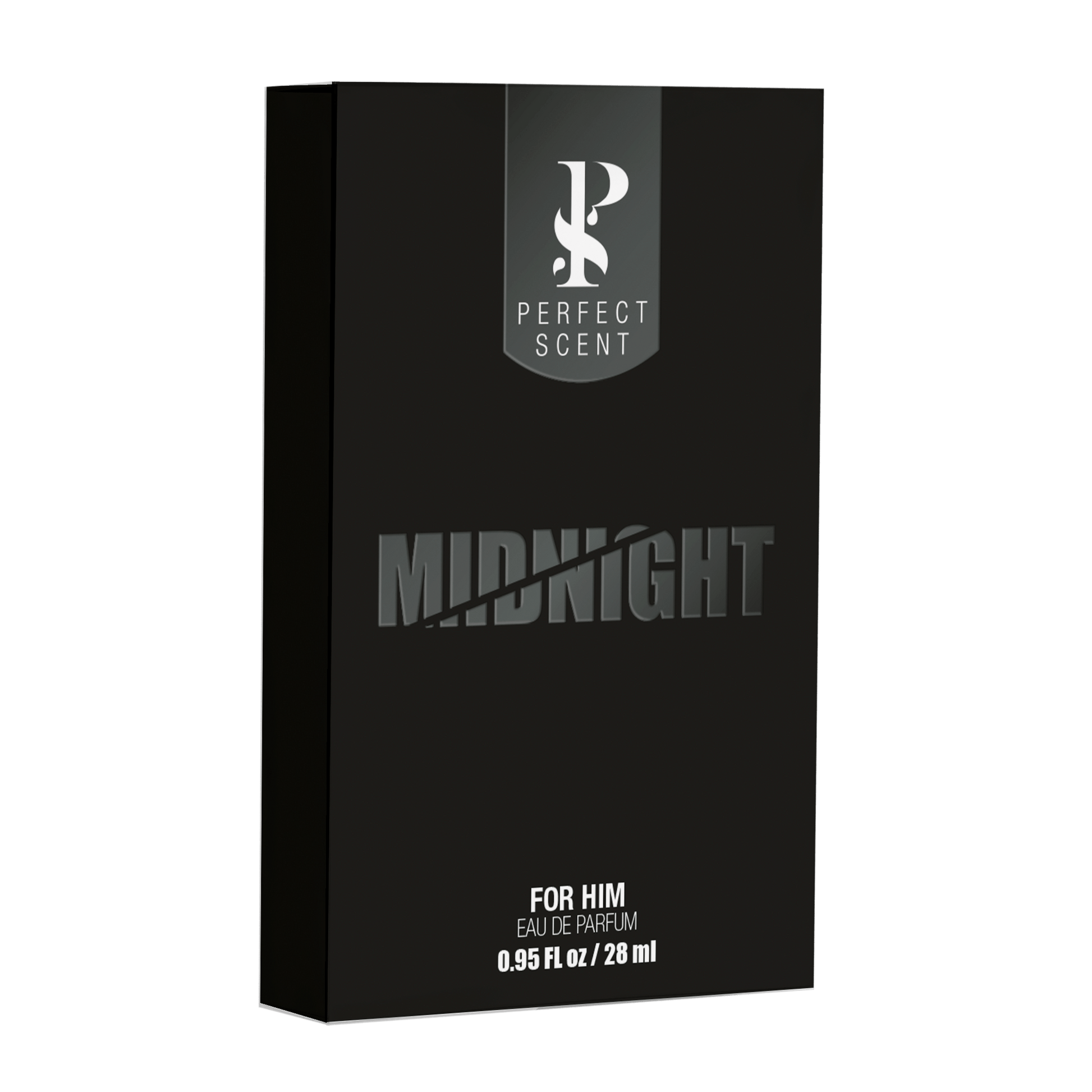 Side 45 degree angle view of Midnight 50ml and 28ml men cologne bottles
