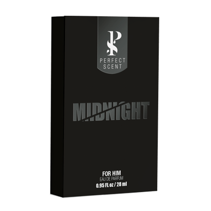 Side 45 degree angle view of Midnight 50ml and 28ml men cologne bottles