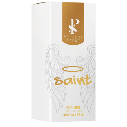 Side 45 degree angle view of Perfect Scent Saint 50ml women perfume bottle